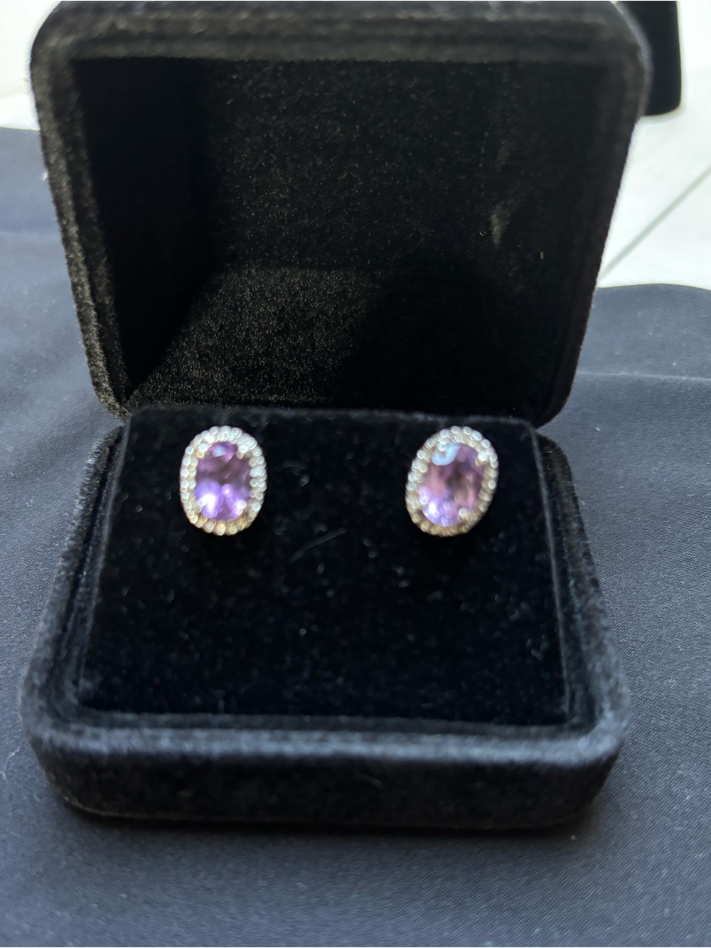 Genuine Amethyst Halo Oval Stud Earrings. Never worn
